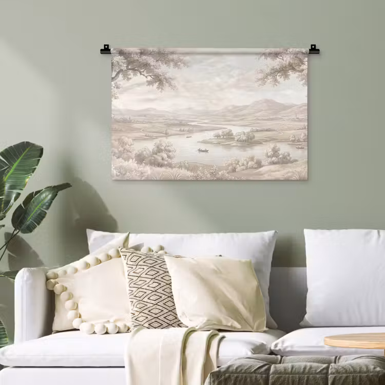 Rivierlandschap - Bergen - Natuur - Vintage - Beige Wandkleed katoen klein -sfeer7