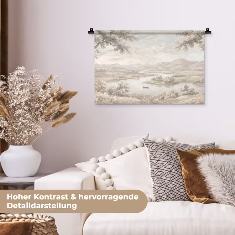 Rivierlandschap - Bergen - Natuur - Vintage - Beige Wandkleed katoen klein -tsfeer1_DE