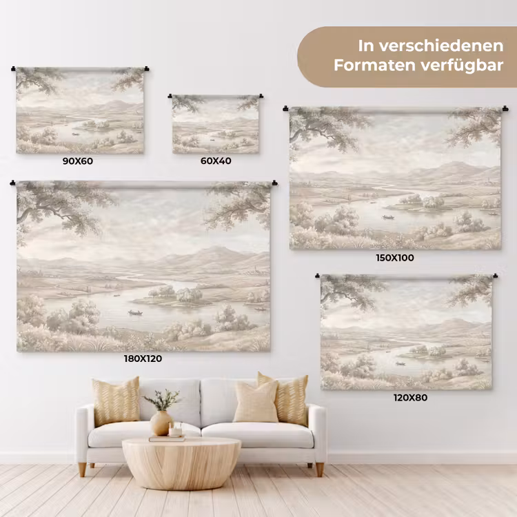 Rivierlandschap - Bergen - Natuur - Vintage - Beige Wandkleed katoen klein -tsfeer8_DE