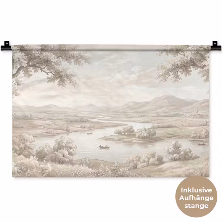 Rivierlandschap - Bergen - Natuur - Vintage - Beige Wandkleed katoen klein -t3d_DE