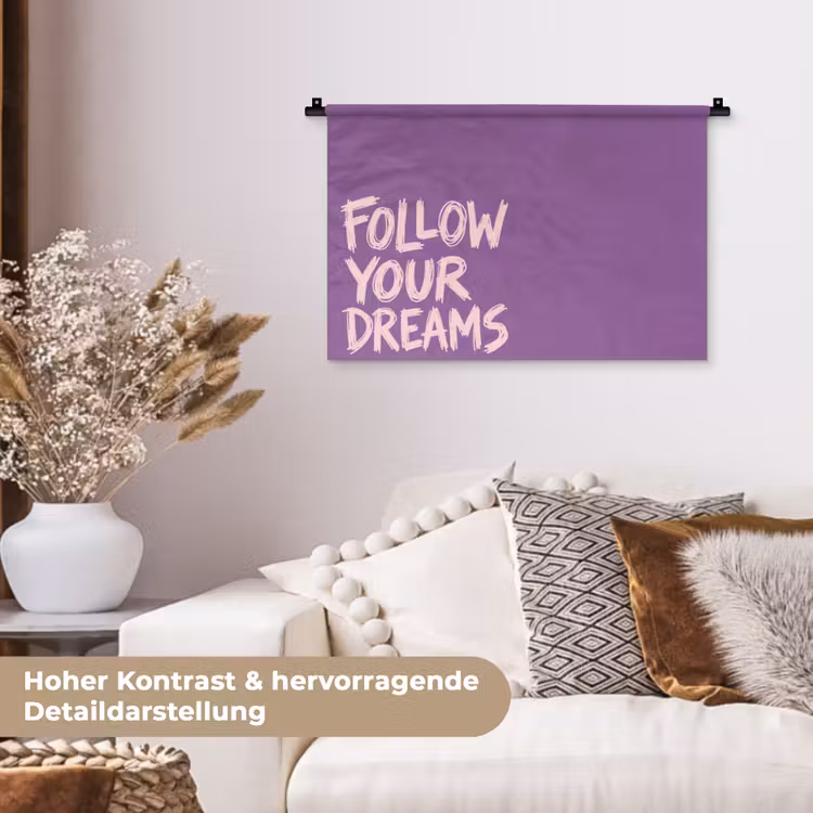 Follow your dreams - Paars - Penseeltextuur Wandkleed katoen klein -tsfeer1_DE