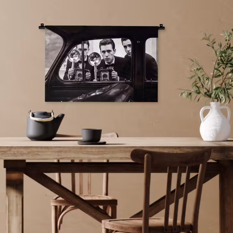 Fotograaf - Camera - Vintage - Journalistiek - Zwart-wit Wandkleed katoen klein -sfeer6