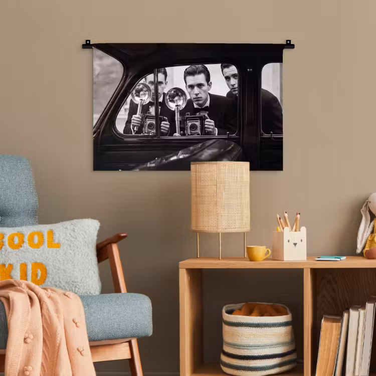 Fotograaf - Camera - Vintage - Journalistiek - Zwart-wit Wandkleed katoen klein -wsfeer4_kind