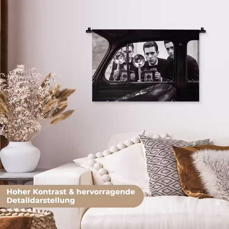 Fotograaf - Camera - Vintage - Journalistiek - Zwart-wit Wandkleed katoen klein -tsfeer1_DE
