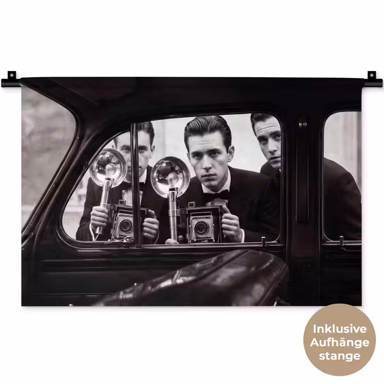 Fotograaf - Camera - Vintage - Journalistiek - Zwart-wit Wandkleed katoen klein -t3d_DE