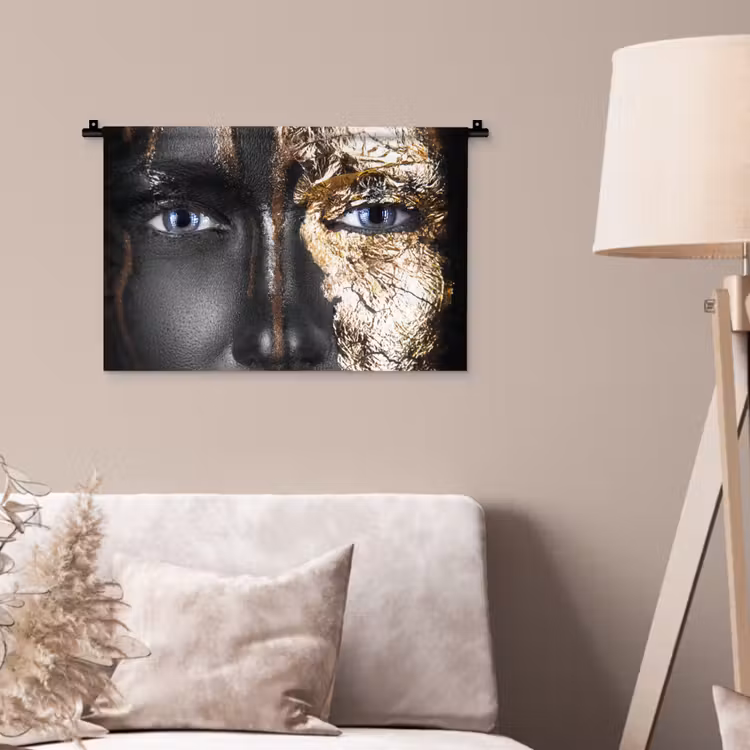 Vrouw - Bladgoud - Zwart - Goud - Luxe Wandkleed katoen klein -sfeer4