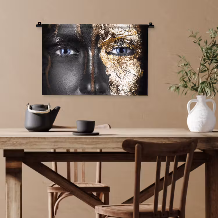 Vrouw - Bladgoud - Zwart - Goud - Luxe Wandkleed katoen klein -sfeer6