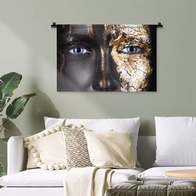 Vrouw - Bladgoud - Zwart - Goud - Luxe Wandkleed katoen klein -sfeer7