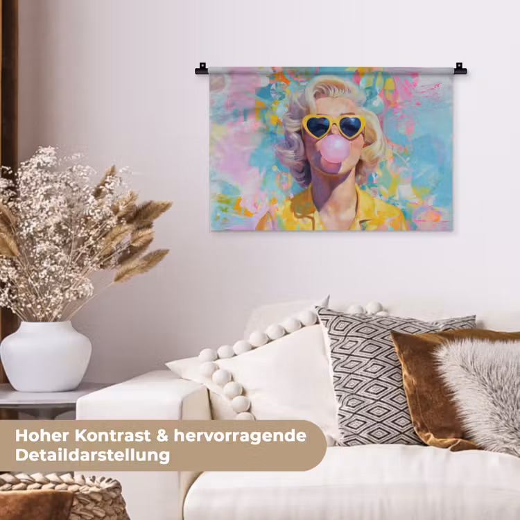 Vrouw - Blond - Roze kauwgom - Kleurrijk - Pastel Wandkleed katoen klein -tsfeer1_DE
