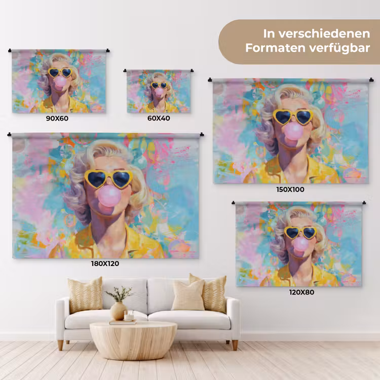 Vrouw - Blond - Roze kauwgom - Kleurrijk - Pastel Wandkleed katoen klein -tsfeer8_DE