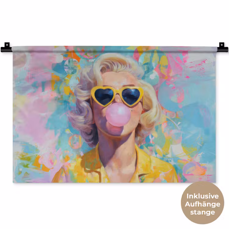 Vrouw - Blond - Roze kauwgom - Kleurrijk - Pastel Wandkleed katoen klein -t3d_DE