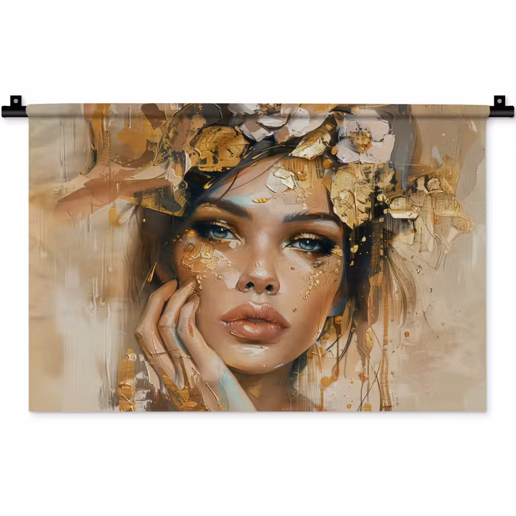 Vrouw - Bloemen - Goud - Portret Wandkleed katoen klein -zz3d