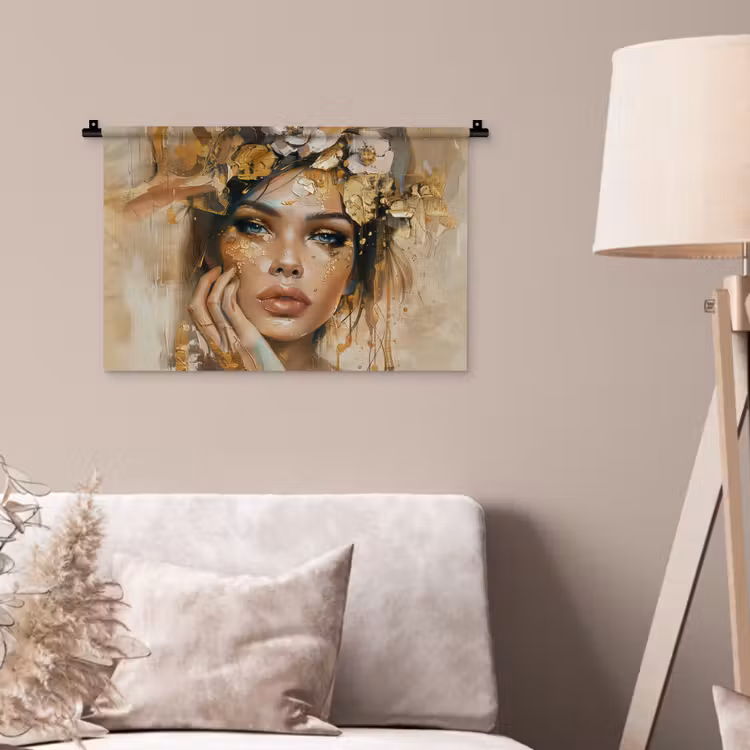 Vrouw - Bloemen - Goud - Portret Wandkleed katoen klein -sfeer4