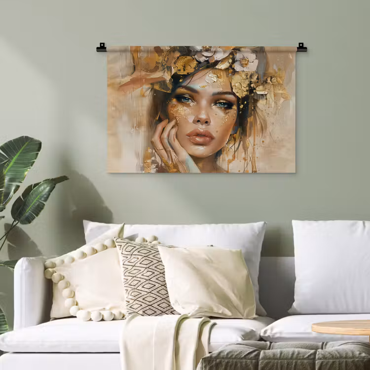 Vrouw - Bloemen - Goud - Portret Wandkleed katoen klein -sfeer7