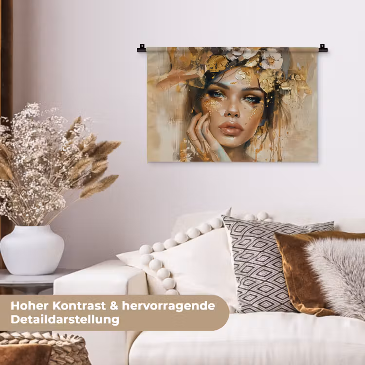 Vrouw - Bloemen - Goud - Portret Wandkleed katoen klein -tsfeer1_DE