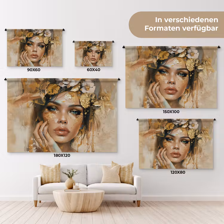 Vrouw - Bloemen - Goud - Portret Wandkleed katoen klein -tsfeer8_DE
