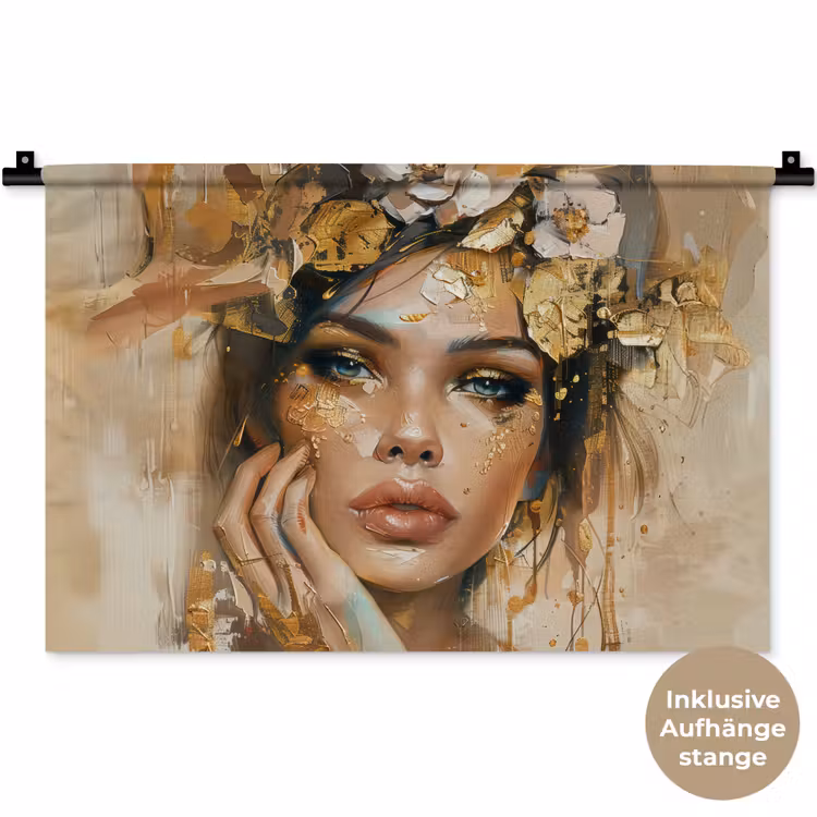 Vrouw - Bloemen - Goud - Portret Wandkleed katoen klein -t3d_DE