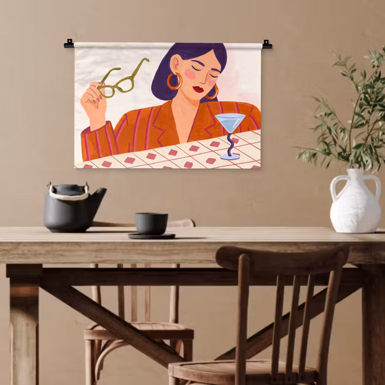 Vrouw - Bril - Cocktail - Illustratie - Modern Wandkleed katoen klein -sfeer6