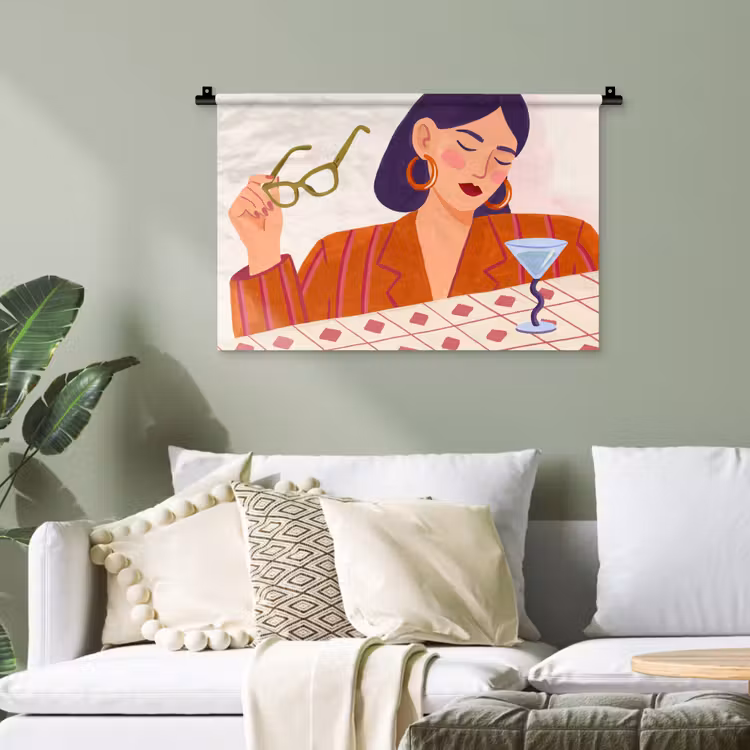Vrouw - Bril - Cocktail - Illustratie - Modern Wandkleed katoen klein -sfeer7