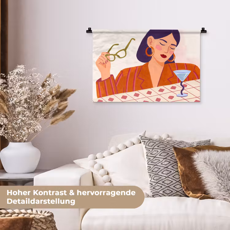 Vrouw - Bril - Cocktail - Illustratie - Modern Wandkleed katoen klein -tsfeer1_DE