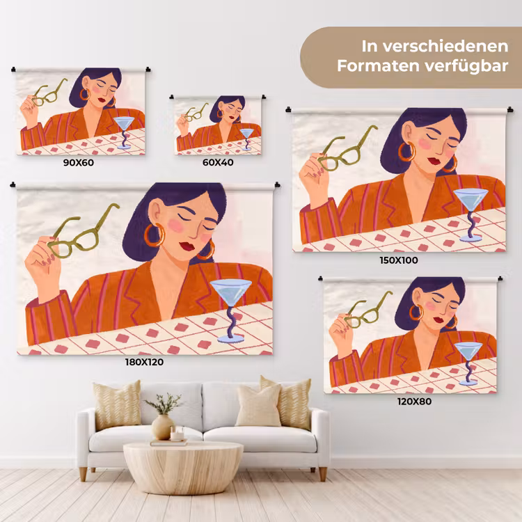Vrouw - Bril - Cocktail - Illustratie - Modern Wandkleed katoen klein -tsfeer8_DE