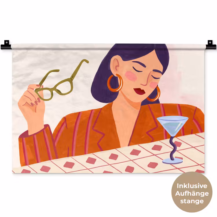 Vrouw - Bril - Cocktail - Illustratie - Modern Wandkleed katoen klein -t3d_DE