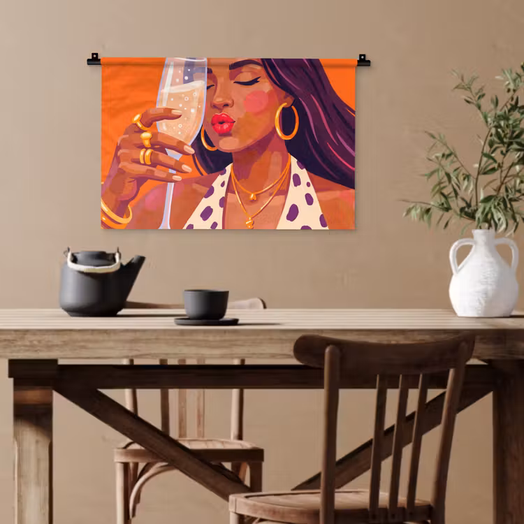Vrouw - Champagne - Feest - Modern - Oranje Wandkleed katoen klein -sfeer6