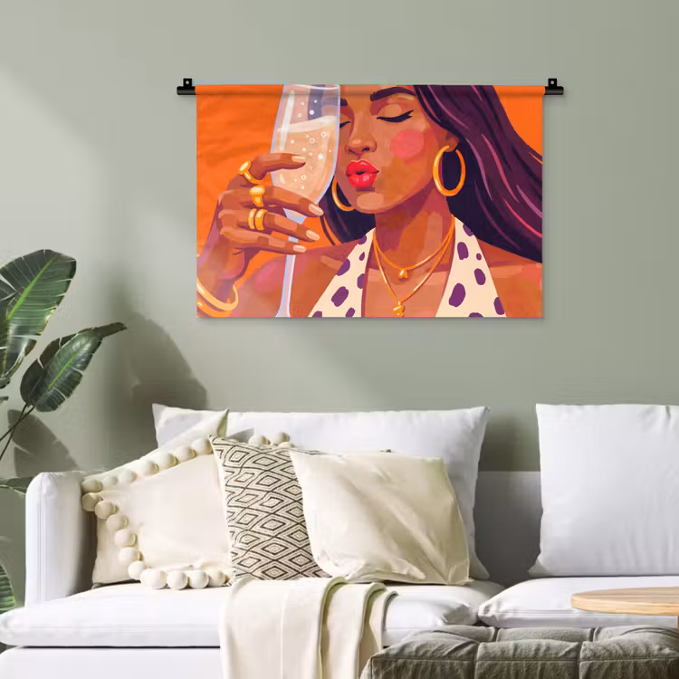Vrouw - Champagne - Feest - Modern - Oranje Wandkleed katoen klein -sfeer7