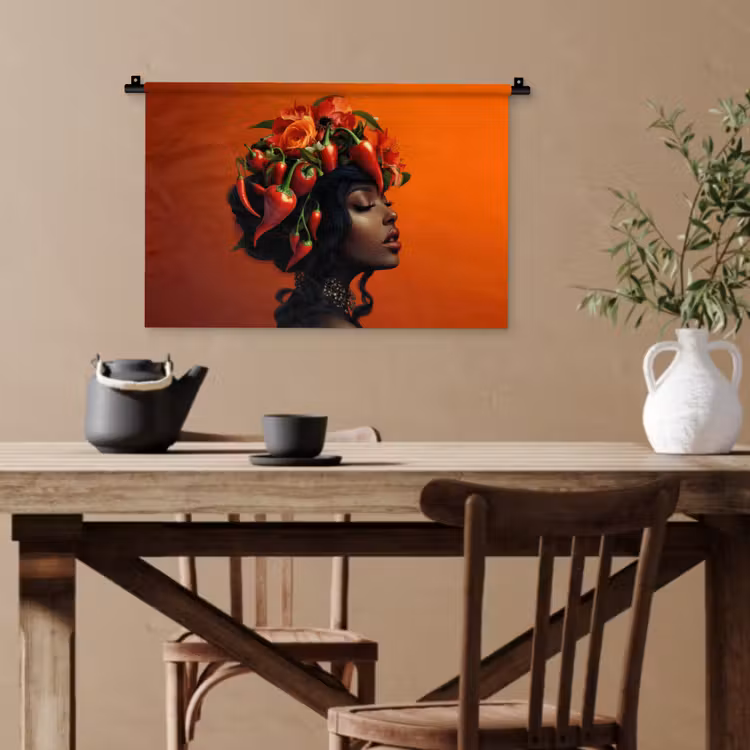 Vrouw - Chilipepers - Pepers - Bloemen Wandkleed katoen klein -sfeer6