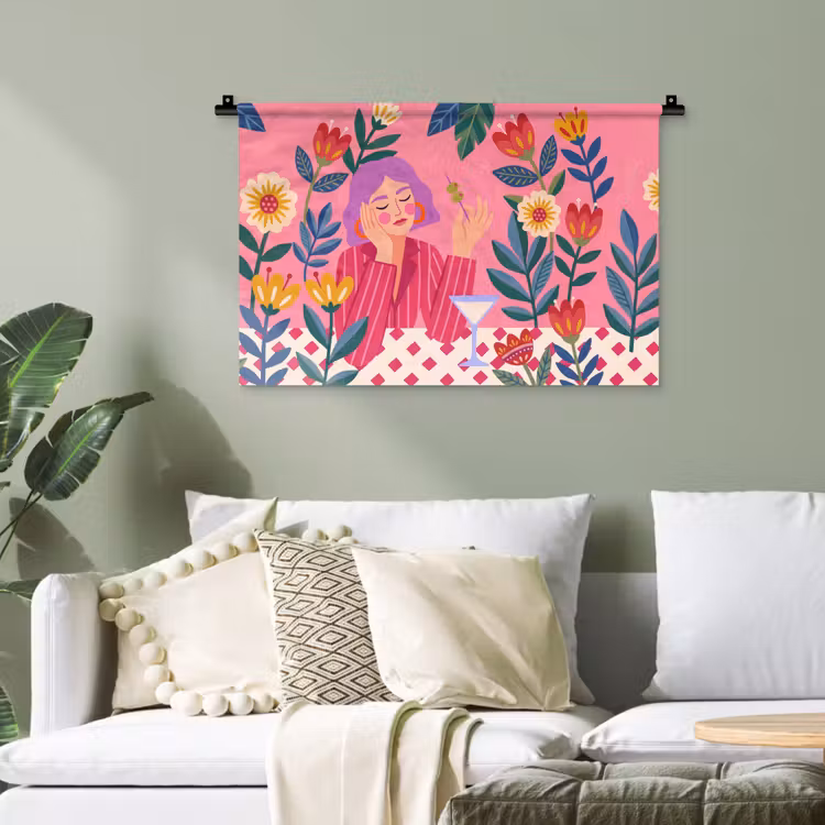 Vrouw - Cocktail - Bloemen - Modern - Roze Wandkleed katoen klein -sfeer7