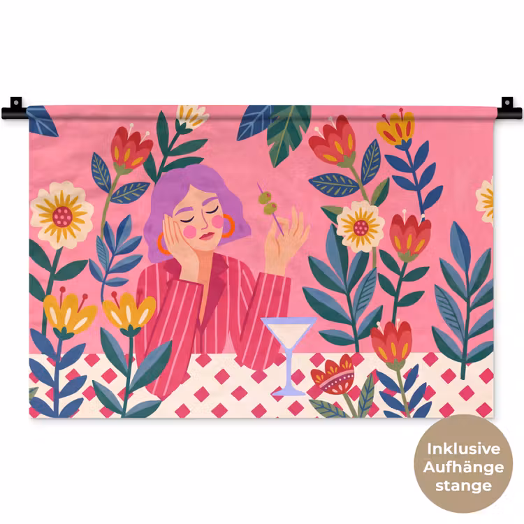 Vrouw - Cocktail - Bloemen - Modern - Roze Wandkleed katoen klein -t3d_DE