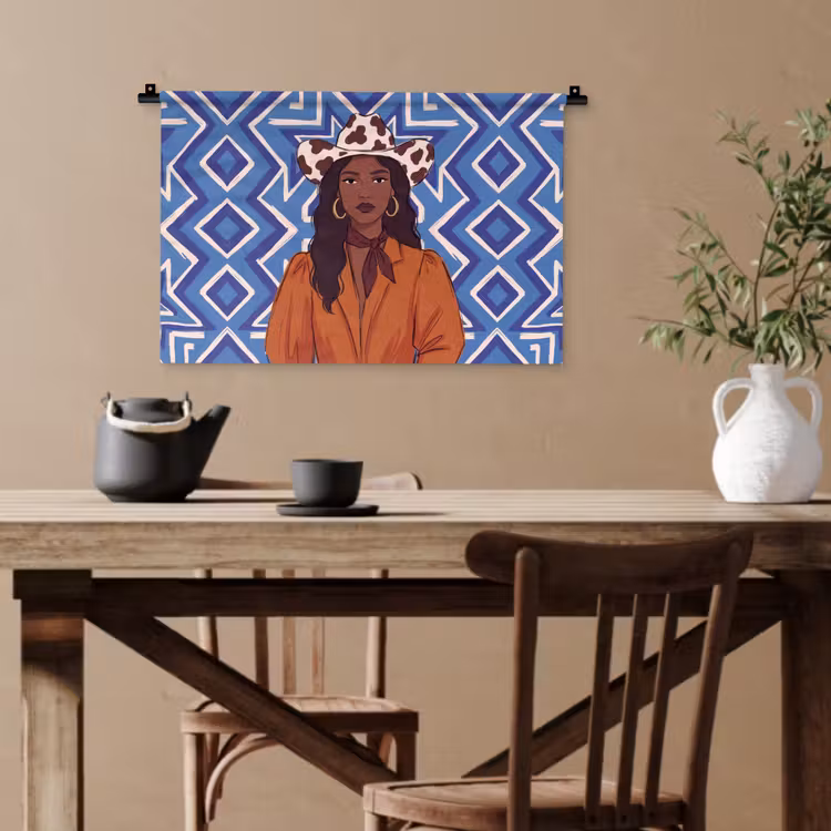 Vrouw - Cowboyhoed - Portret - Modern - Blauw Wandkleed katoen klein -sfeer6