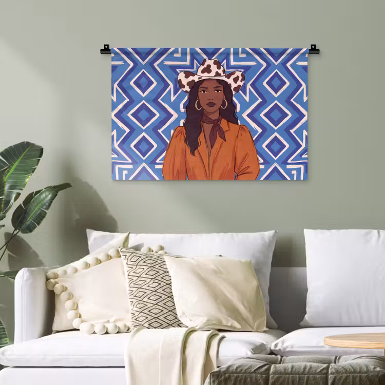 Vrouw - Cowboyhoed - Portret - Modern - Blauw Wandkleed katoen klein -sfeer7