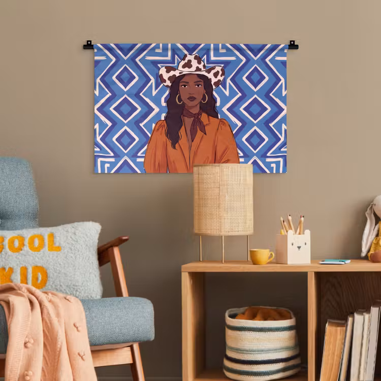 Vrouw - Cowboyhoed - Portret - Modern - Blauw Wandkleed katoen klein -wsfeer4_kind