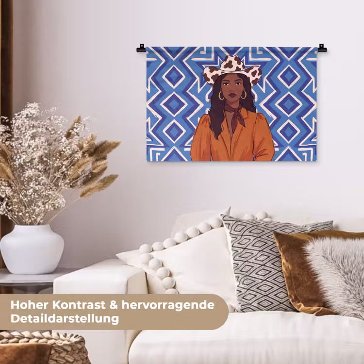 Vrouw - Cowboyhoed - Portret - Modern - Blauw Wandkleed katoen klein -tsfeer1_DE