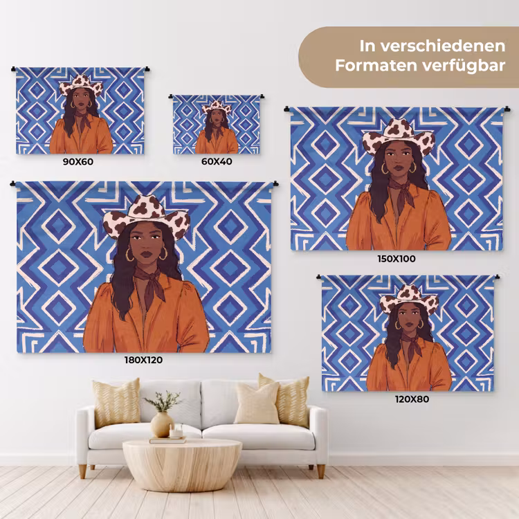 Vrouw - Cowboyhoed - Portret - Modern - Blauw Wandkleed katoen klein -tsfeer8_DE