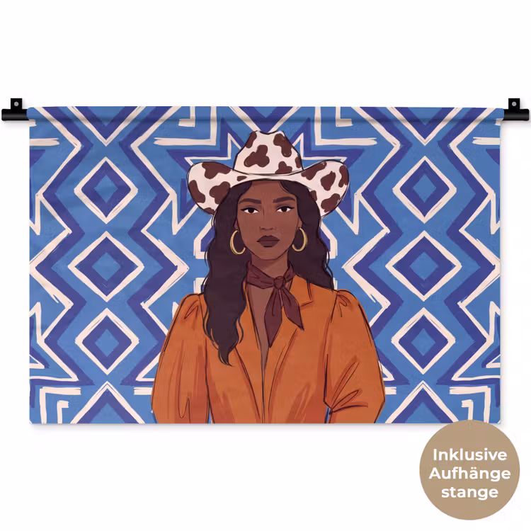 Vrouw - Cowboyhoed - Portret - Modern - Blauw Wandkleed katoen klein -t3d_DE
