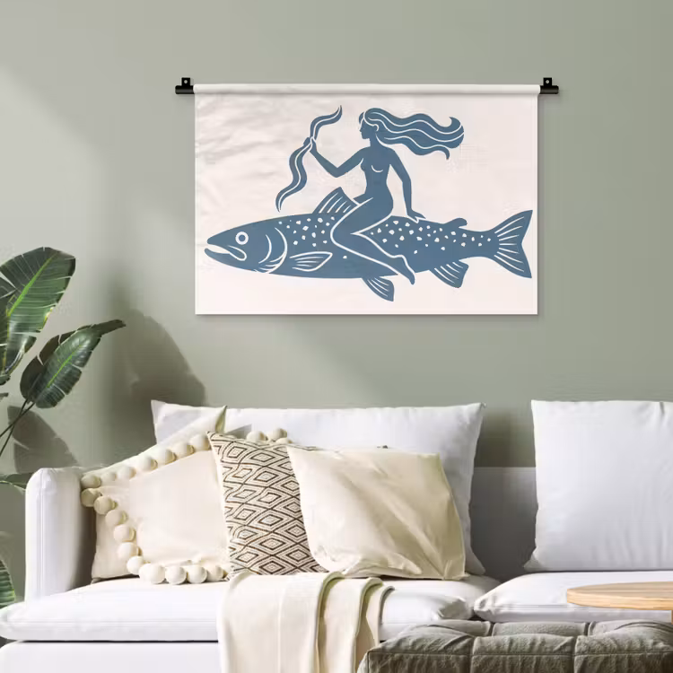 Vrouw - Vis - Fantasie - Abstract - Blauw Wandkleed katoen klein -sfeer7