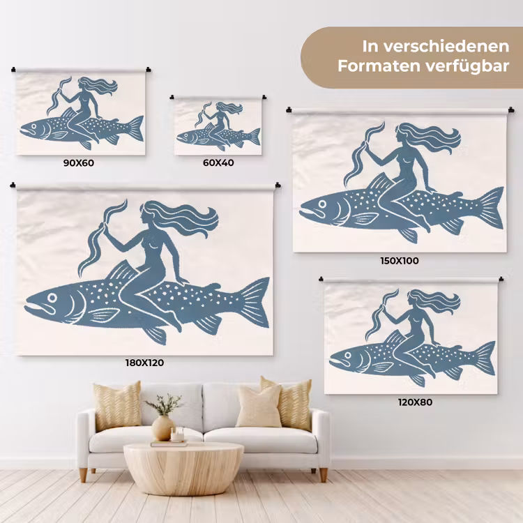 Vrouw - Vis - Fantasie - Abstract - Blauw Wandkleed katoen klein -tsfeer8_DE