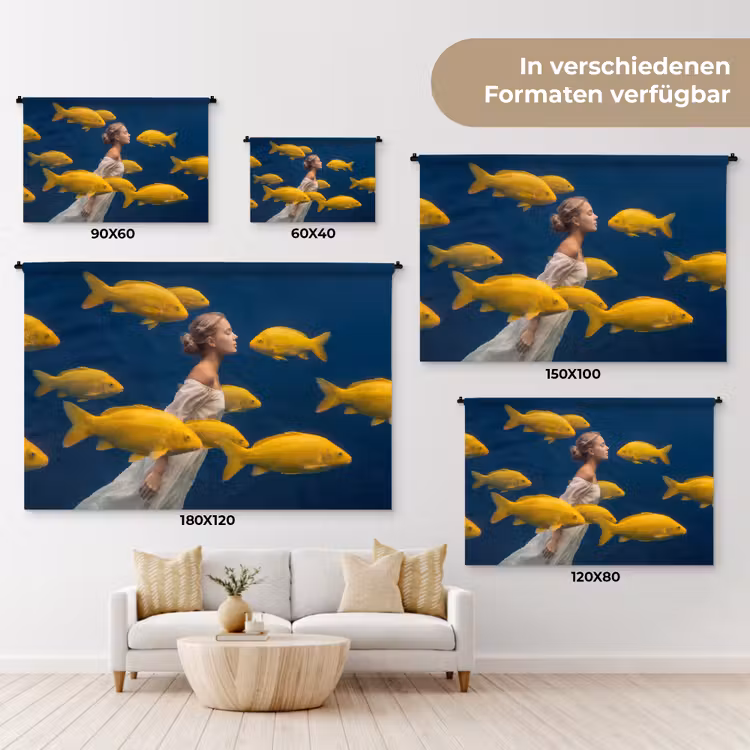 Vrouw - Vis - Water - Natuur - Geel Wandkleed katoen klein -tsfeer8_DE