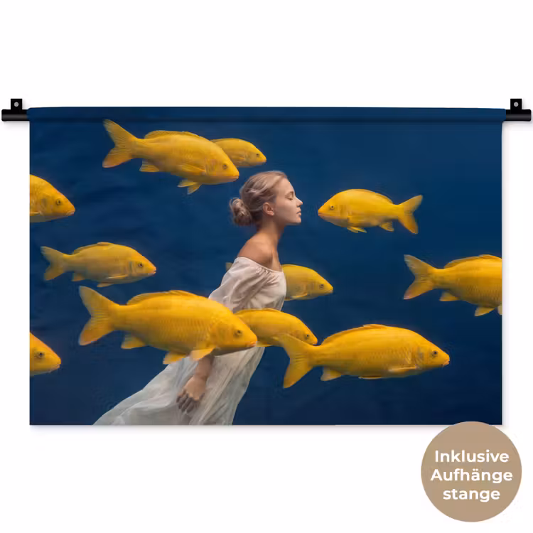 Vrouw - Vis - Water - Natuur - Geel Wandkleed katoen klein -t3d_DE