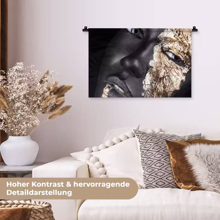Vrouw - Goud - Zwart - Verf - Luxe Wandkleed katoen klein -tsfeer1_DE