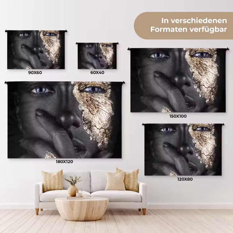 Vrouw - Goud - Zwart - Schmink - Luxe Wandkleed katoen klein -tsfeer8_DE