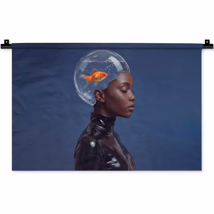 Vrouw - Goudvis - Hoofd - Abstract - Blauw Wandkleed katoen klein -zz3d