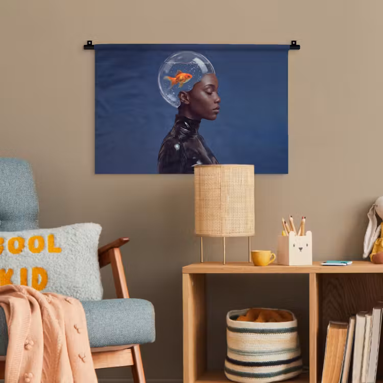Vrouw - Goudvis - Hoofd - Abstract - Blauw Wandkleed katoen klein -wsfeer4_kind