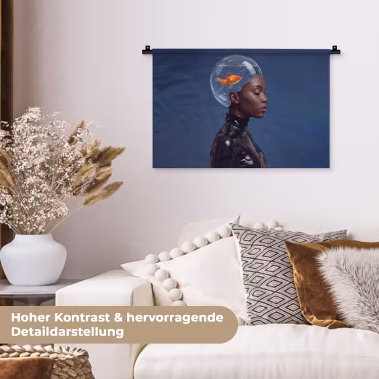 Vrouw - Goudvis - Hoofd - Abstract - Blauw Wandkleed katoen klein -tsfeer1_DE