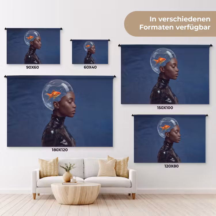 Vrouw - Goudvis - Hoofd - Abstract - Blauw Wandkleed katoen klein -tsfeer8_DE