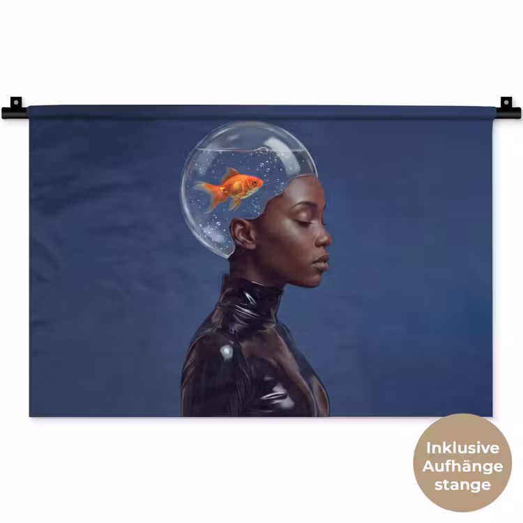 Vrouw - Goudvis - Hoofd - Abstract - Blauw Wandkleed katoen klein -t3d_DE