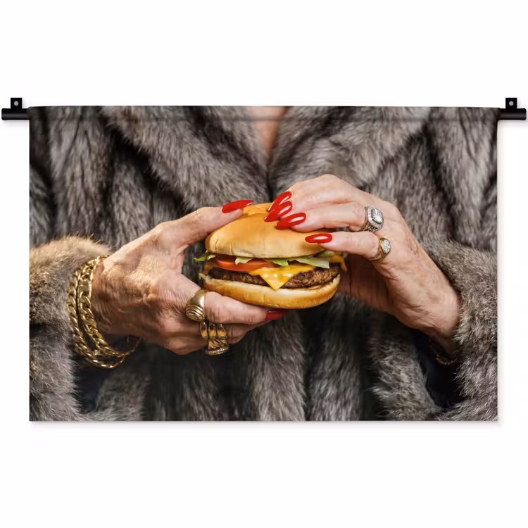 Vrouw - Hamburger - Bontjas Wandkleed katoen klein -zz3d