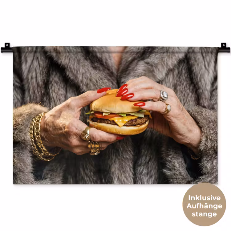Vrouw - Hamburger - Bontjas Wandkleed katoen klein -t3d_DE
